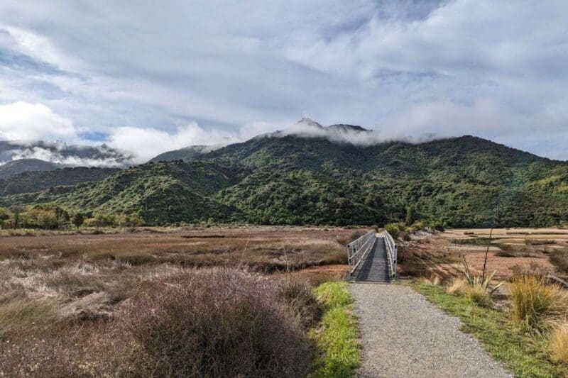 Eine hölzerne Brücke markiert den Einstieg in den Abel Tasman Track vor dicht bewaldeten Bergen