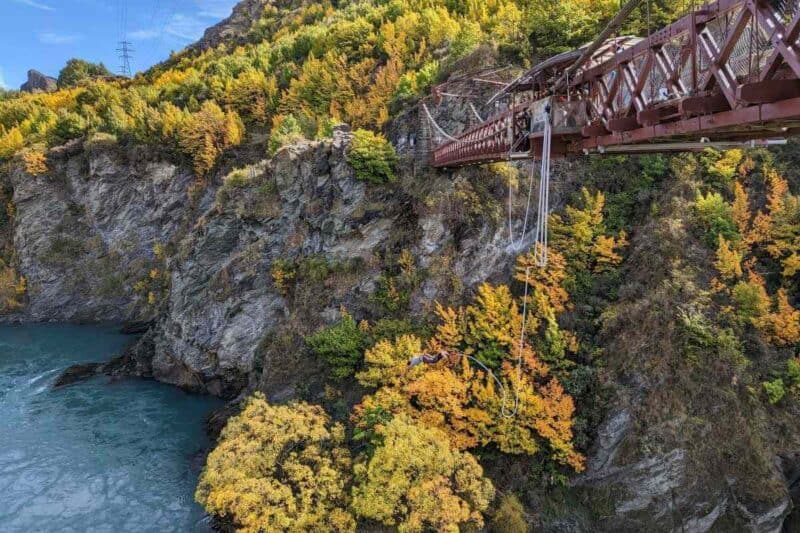 Ein Springer stürzt sich an einem Bungee-Seil von der Brücke in die Tiefe, gerahmt von herbstlich gefärbten Bäumen