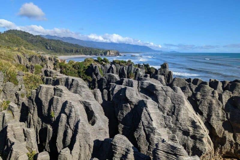Blick auf die unzähligen Felsnadeln der Pancake Rocks mit ihrem dünn geschichteten Gestein