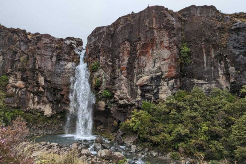 Die höchste Stufe der Taranaki Falls stürzt eine fast senkrechte Felswand hinunter in einen kleinen See