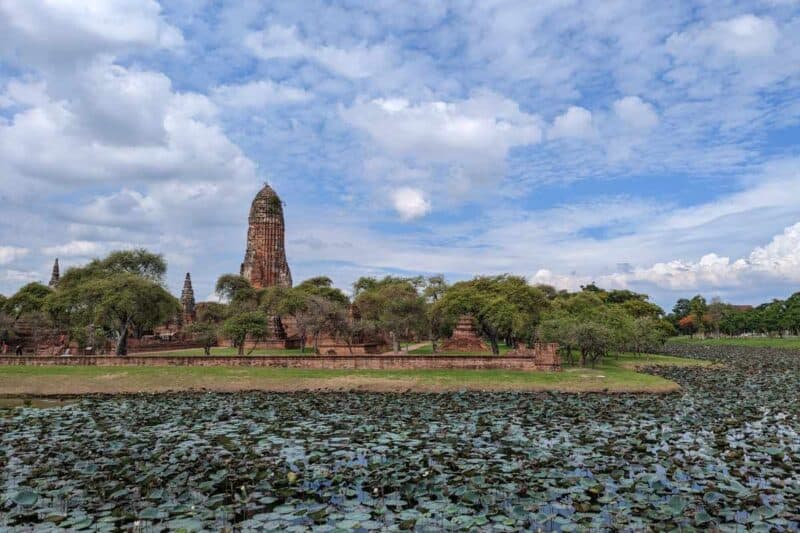 Verfallene Tempeltürme hinter einem mit Seerosen bewachsenen Wassergraben in Ayutthaya