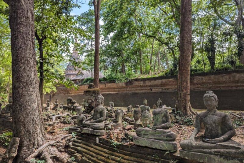 Steinerne Buddhastatuen in einem kleinen Wald im Wat Umang in Chiang Mai mit einer steinernen Pagode im Hintergrund