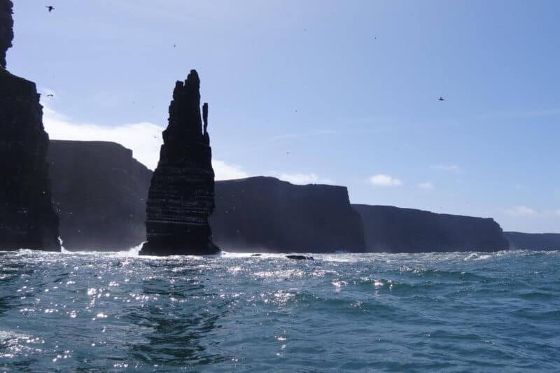 Eine Felsnadel ragt vor den Cliffs of Moher aus dem Meer und wird von Seevögeln umflogen