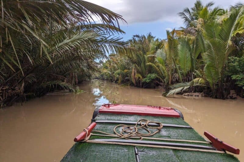 Hölzerner Bug eines Boots auf einem schmalen, von Palwedeln gesäumten Nebenarm des Mekong