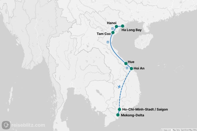 Landkarte von Vietnam mit den Stationen unserer Vietnam-Rundreise
