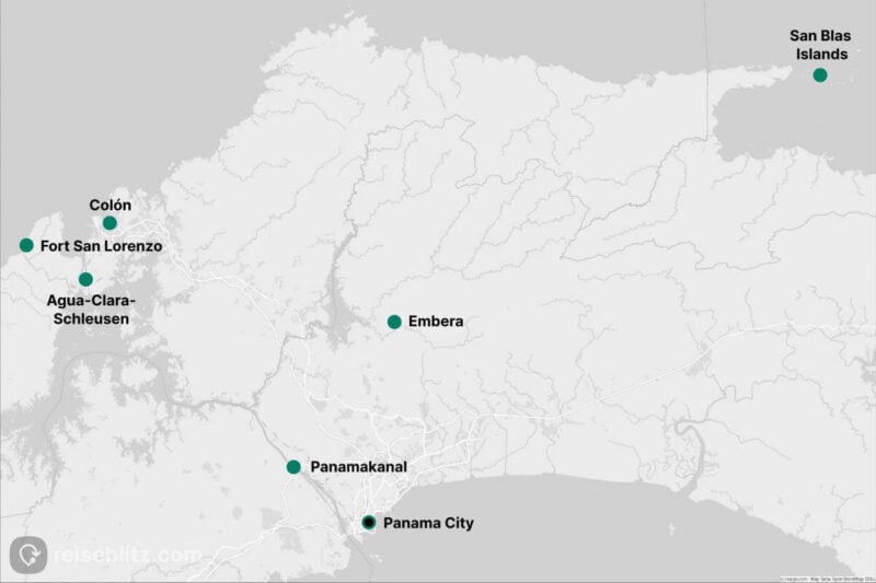 Landkarte mit den Stationen unserer Panamareise