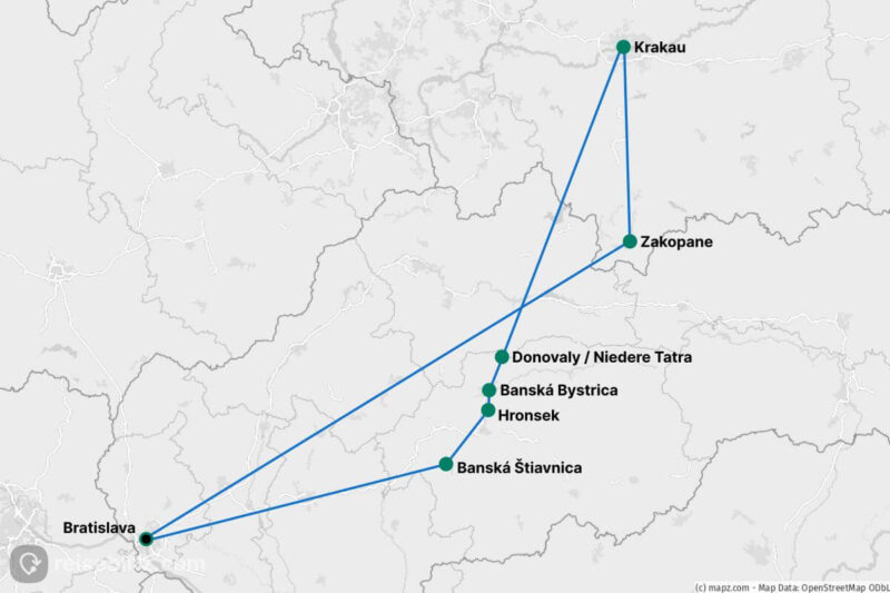 Landkarte mit der Route für unseren Roadtrip durch die Slowakei und Südpolen